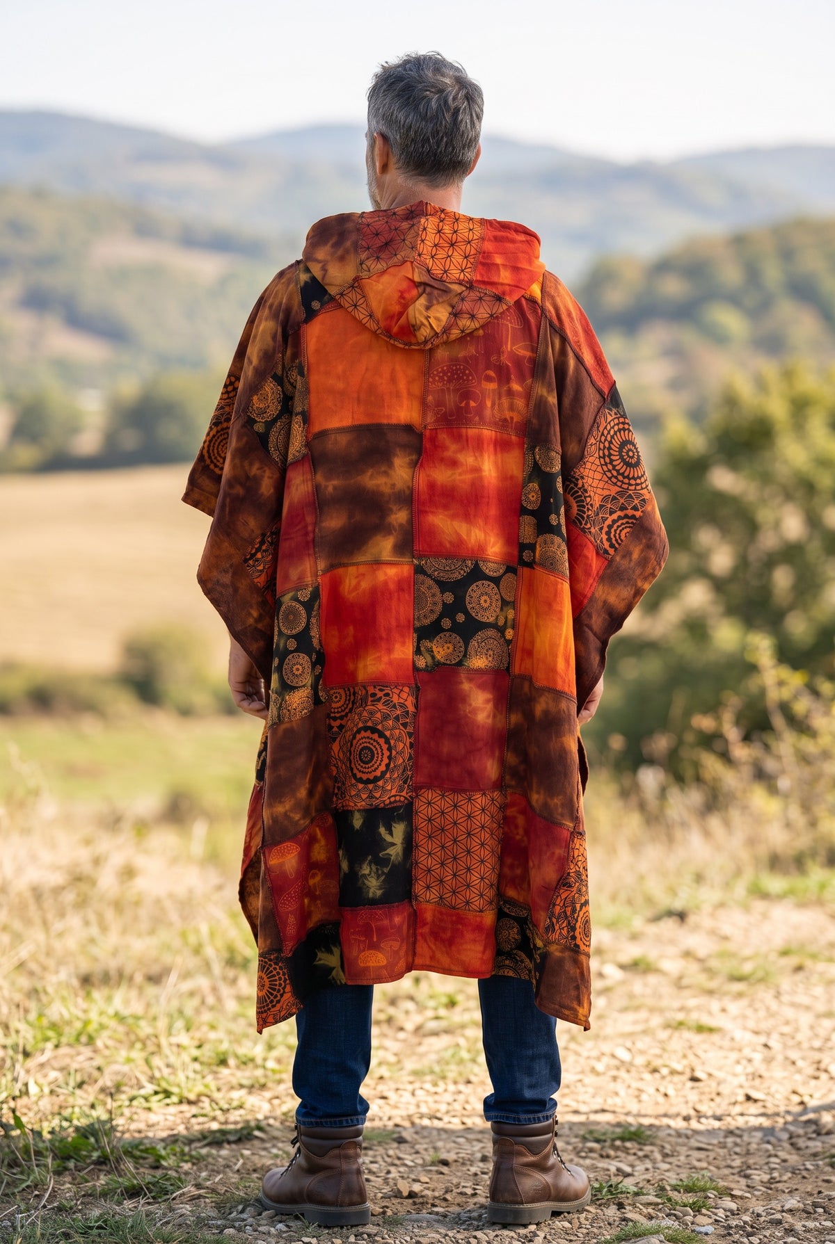 Manaslu Nepal Patchwork Kapüşonlu Panço – Unisex Turuncu Etnik Festival Tasarım