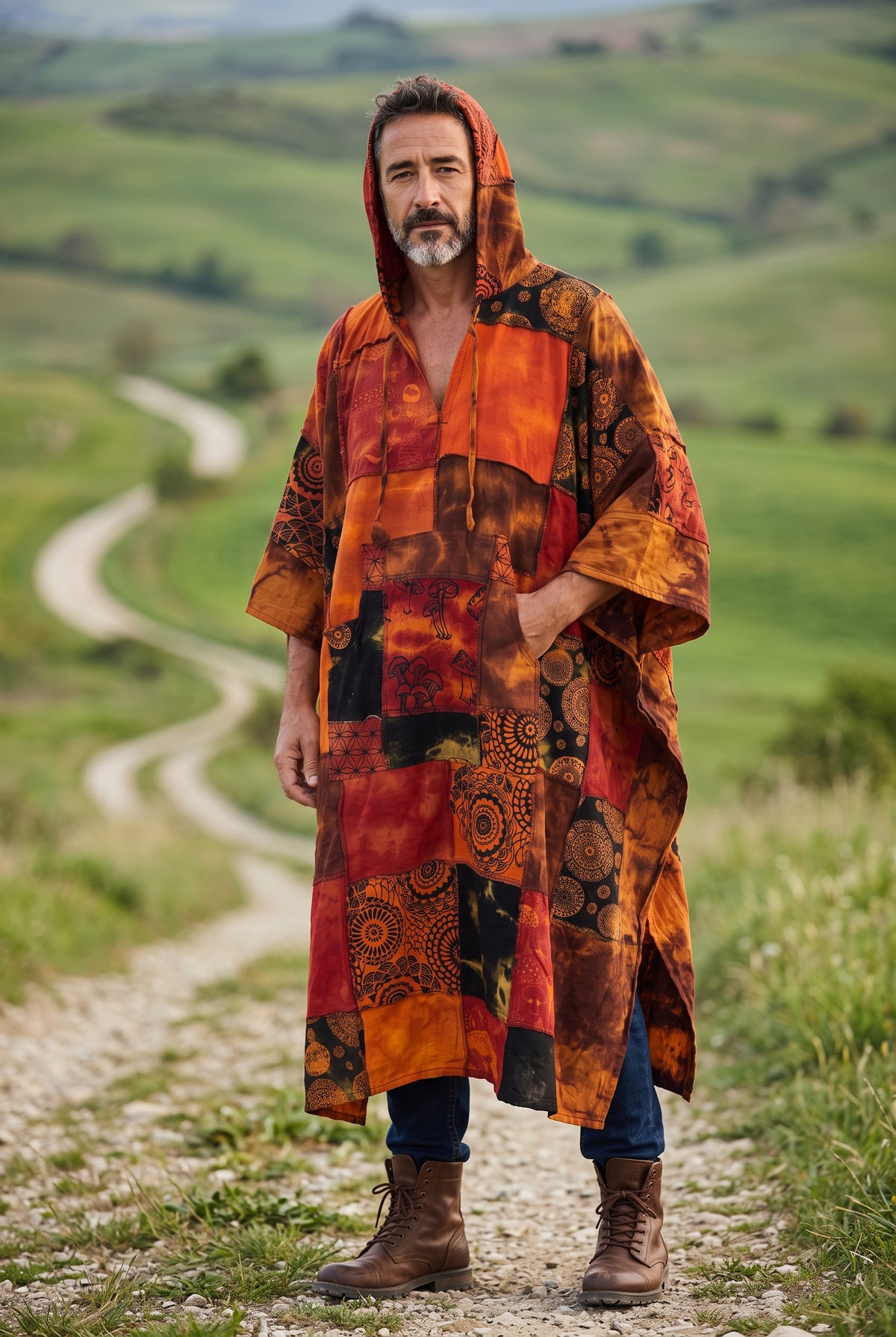 Manaslu Nepal Patchwork Kapüşonlu Panço – Unisex Turuncu Etnik Festival Tasarım