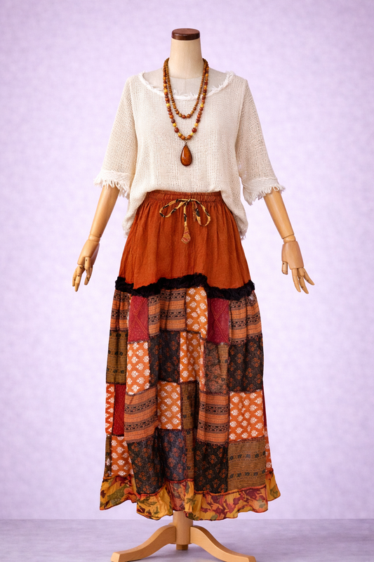 Nepal Patchwork Bohem Etek – %100 Pamuk, Lastikli Bel – Turuncu