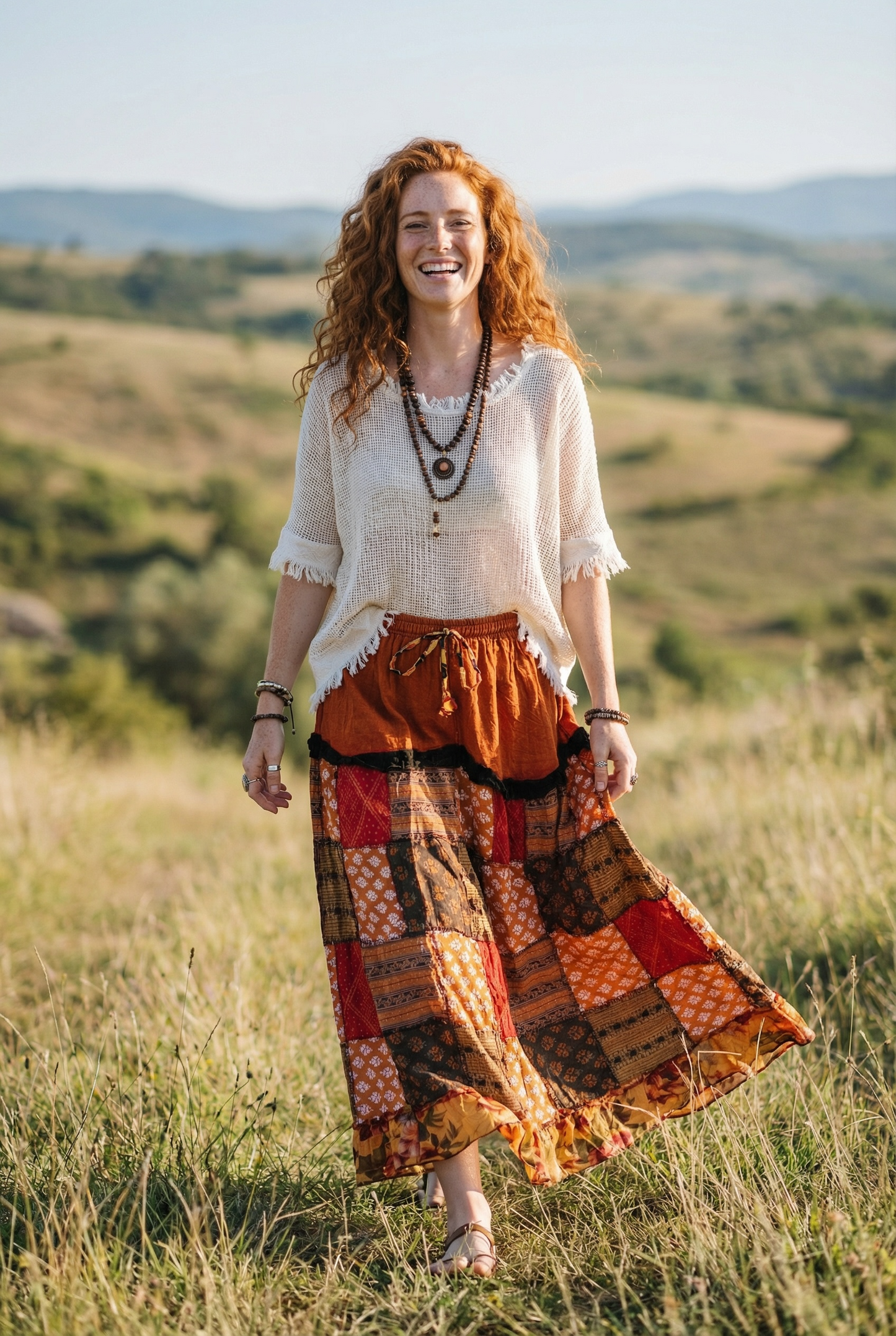 Nepal Patchwork Bohem Etek – %100 Pamuk, Lastikli Bel – Turuncu