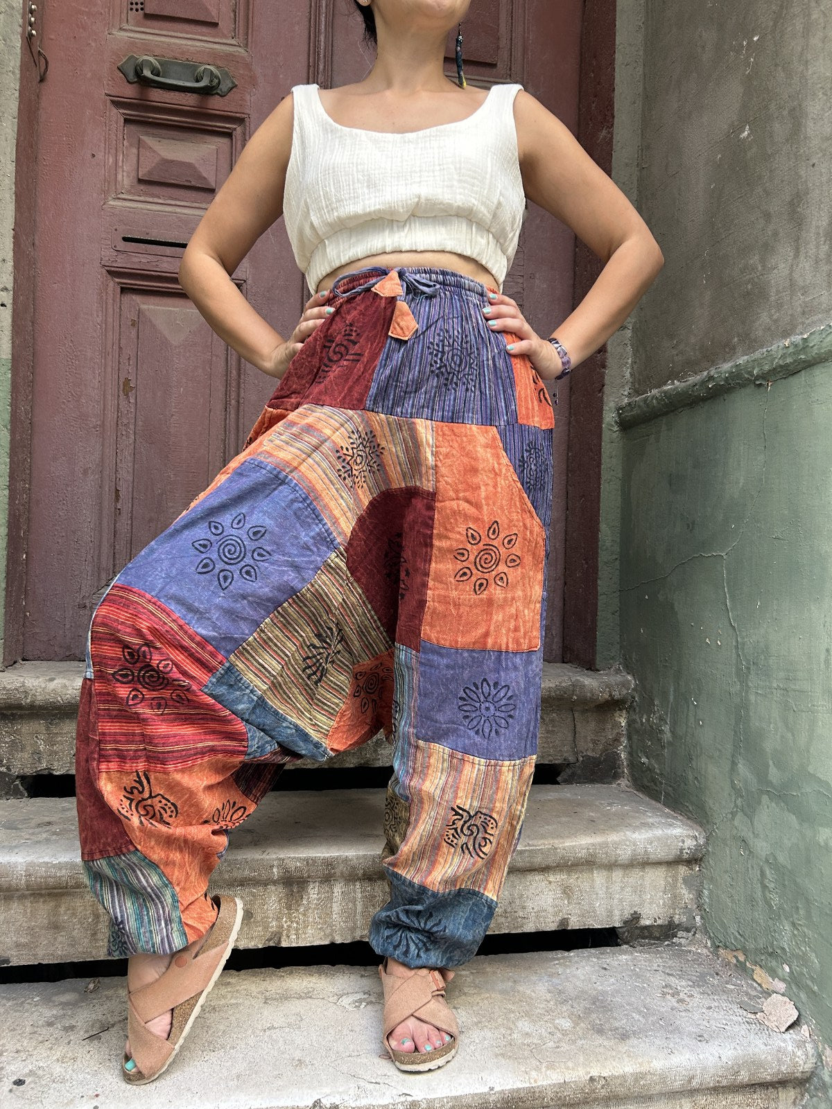 Unisex Nepal Patchwork Turuncu Güneş Kadın Pantolon Şalvar