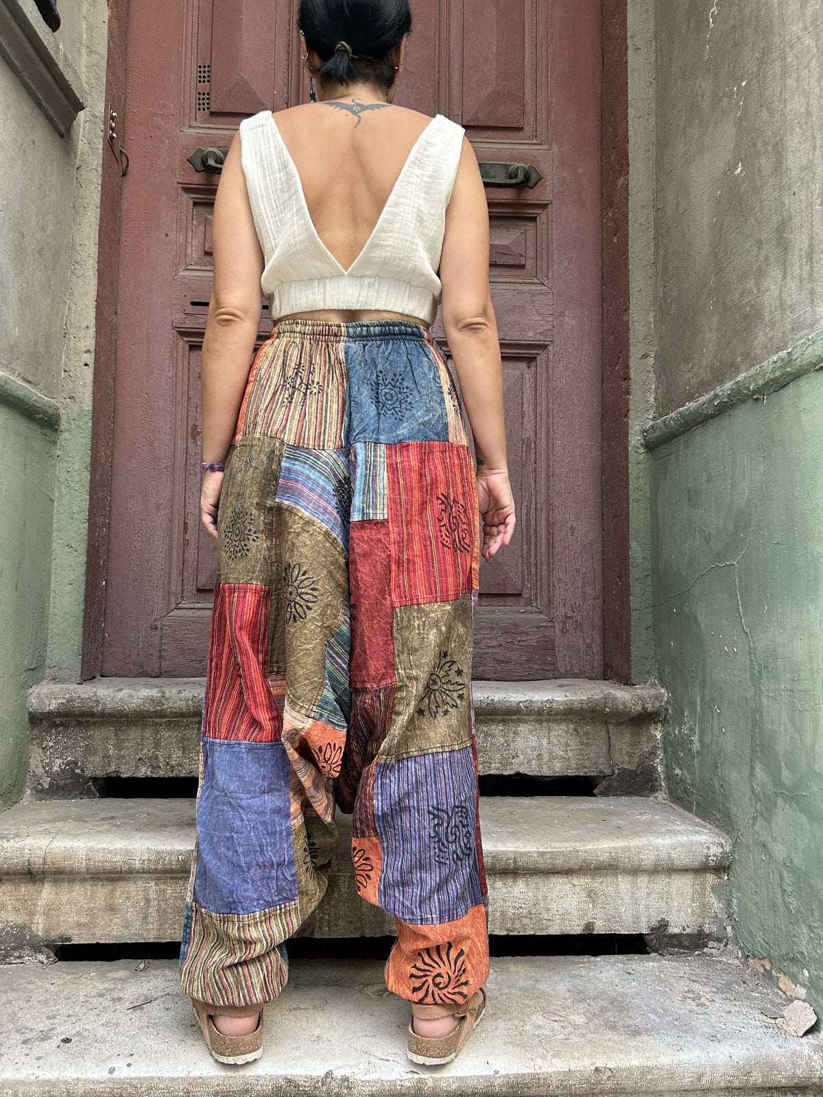 Unisex Nepal Patchwork Turuncu Güneş Kadın Pantolon Şalvar