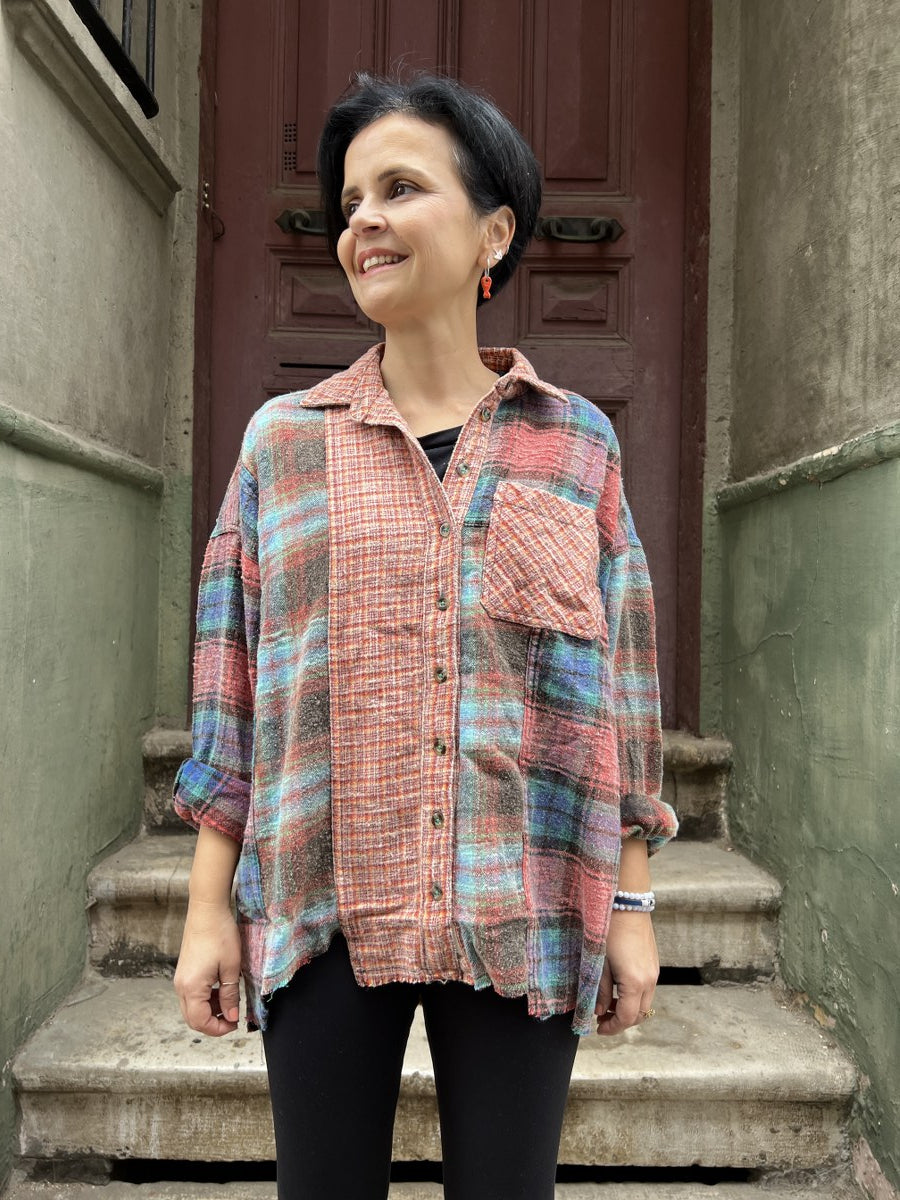 Kadın Patchwork Oversize Oduncu Gömlek