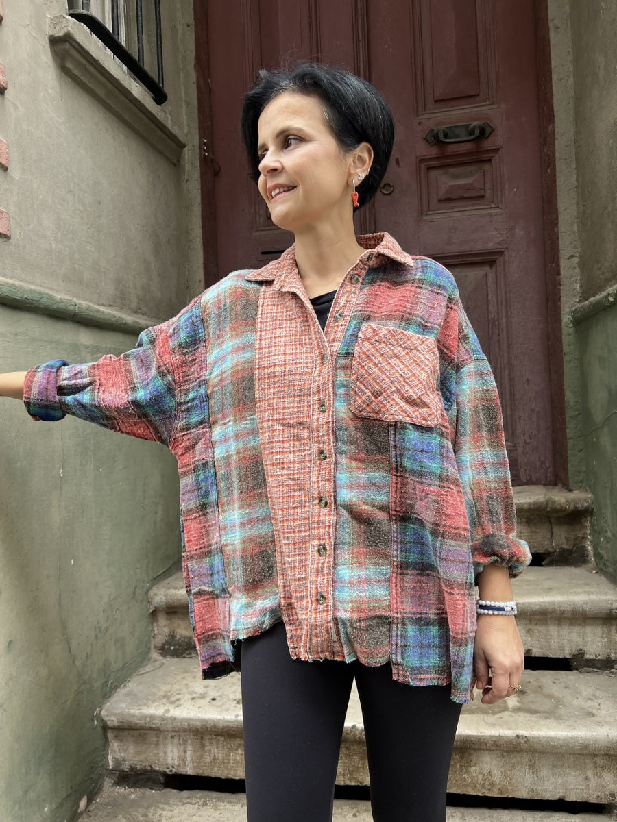 Kadın Patchwork Oversize Oduncu Gömlek