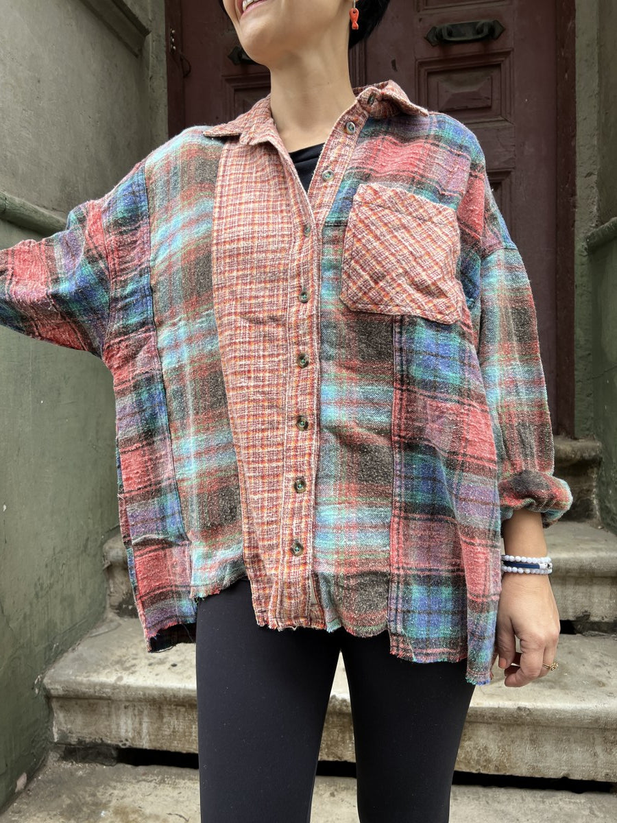 Kadın Patchwork Oversize Oduncu Gömlek
