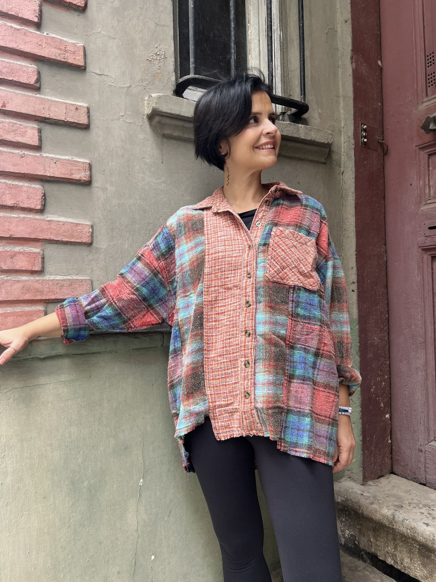 Kadın Patchwork Oversize Oduncu Gömlek