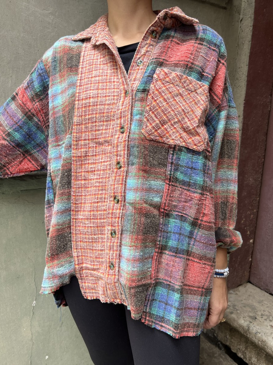 Kadın Patchwork Oversize Oduncu Gömlek