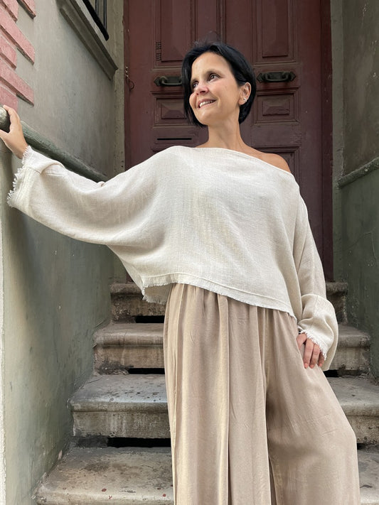 Bohem Yarasa Kol Bluz – Doğal Tencel & Keten Kumaş