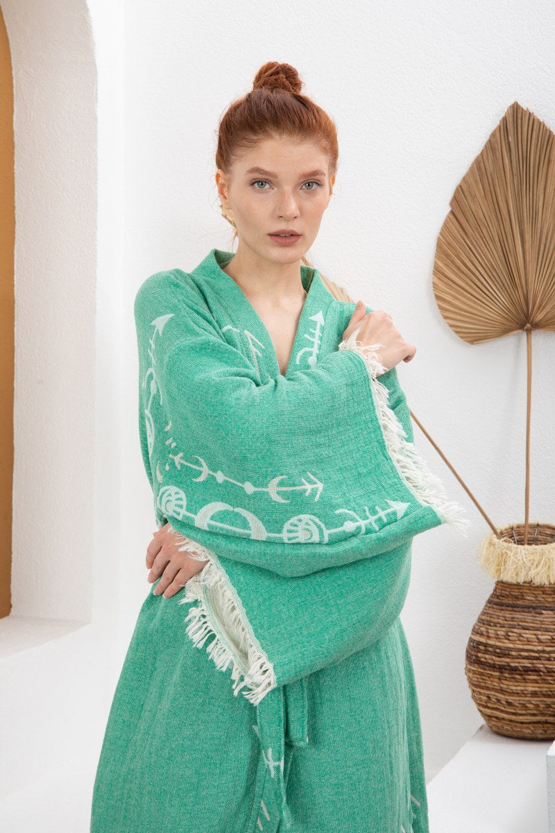 Soft Yeşil Bohem Kadın Göz Desenli Doğal Kumaş Kimono Bornoz Kaftan