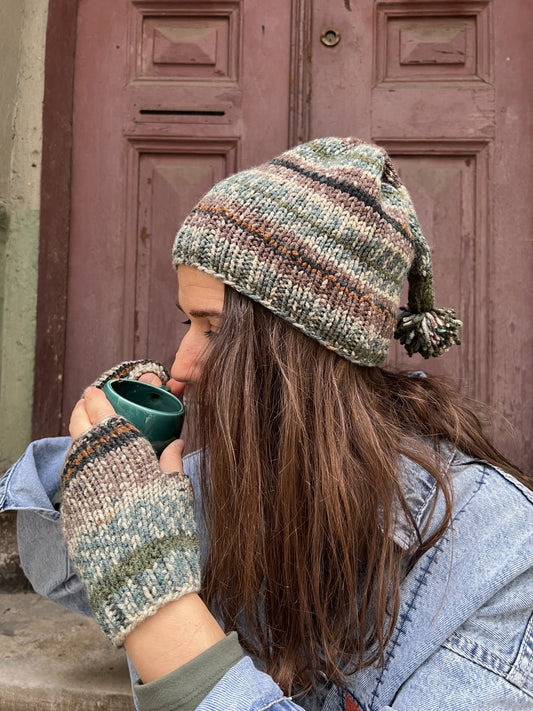 Bohem Yeşil Bej Yün Bere Eldiven Takımı