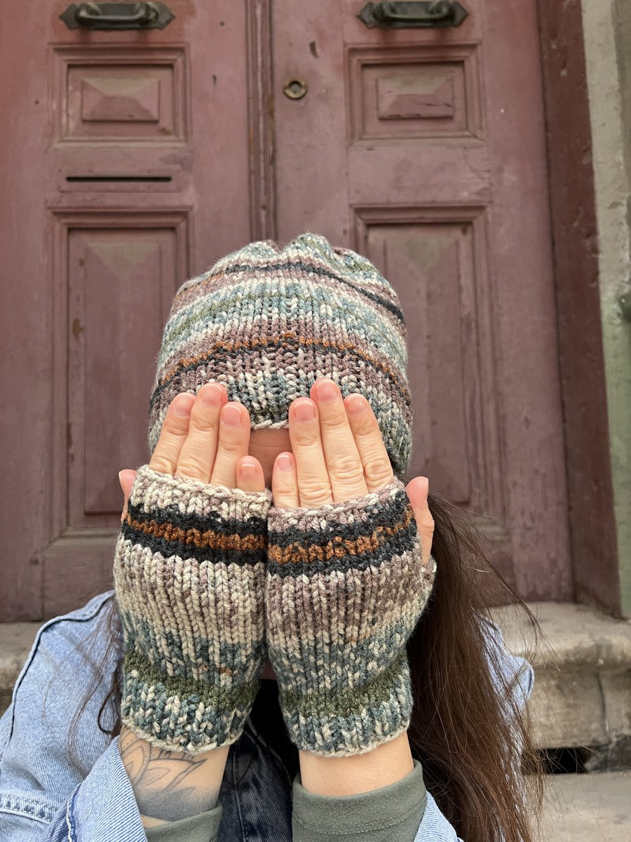 Bohem Yeşil Bej Yün Bere Eldiven Takımı