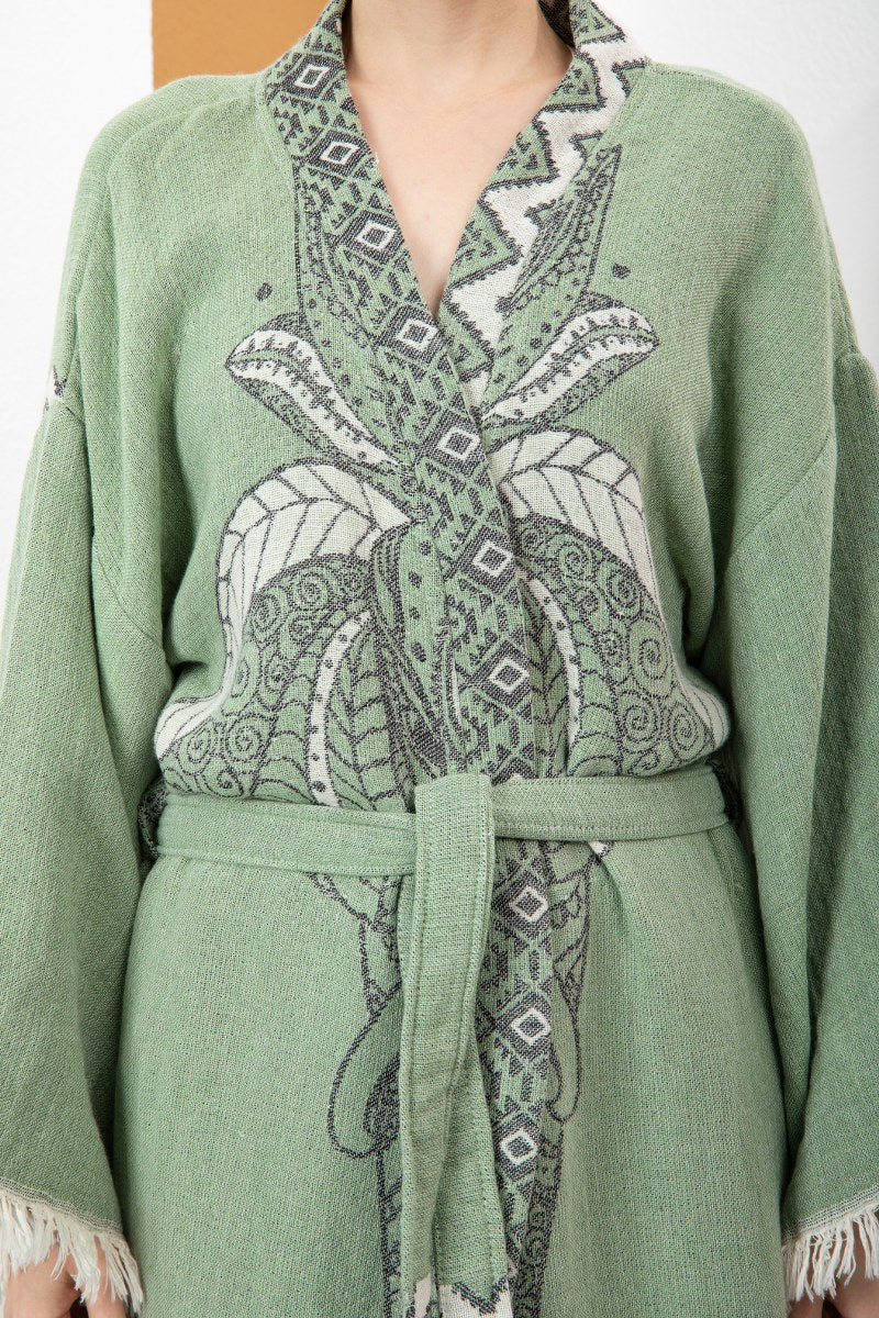 Yeşil Bohem Kadın Fil Desenli Doğal Kumaş Kimono Bornoz Kaftan