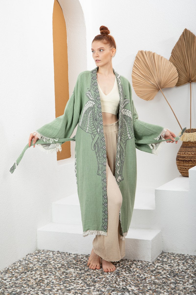 Yeşil Bohem Kadın Fil Desenli Doğal Kumaş Kimono Bornoz Kaftan