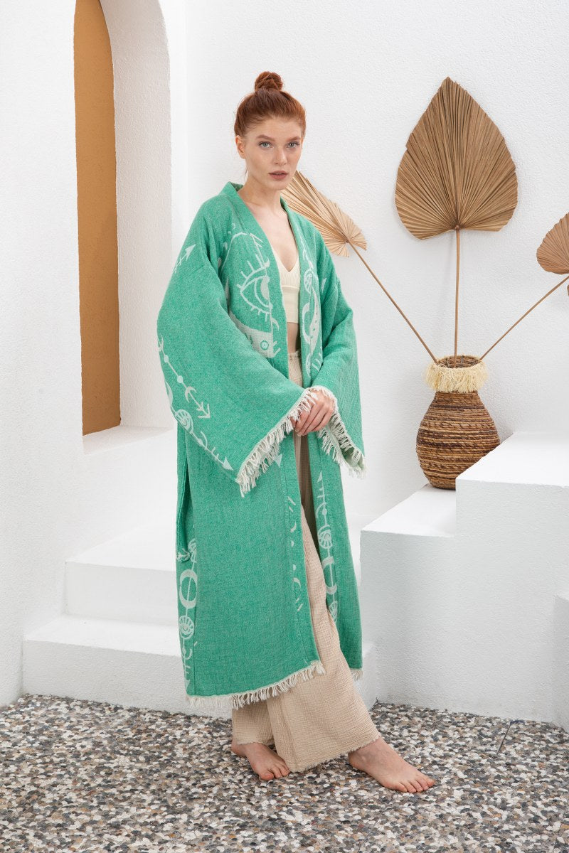 Soft Yeşil Bohem Kadın Göz Desenli Doğal Kumaş Kimono Bornoz Kaftan