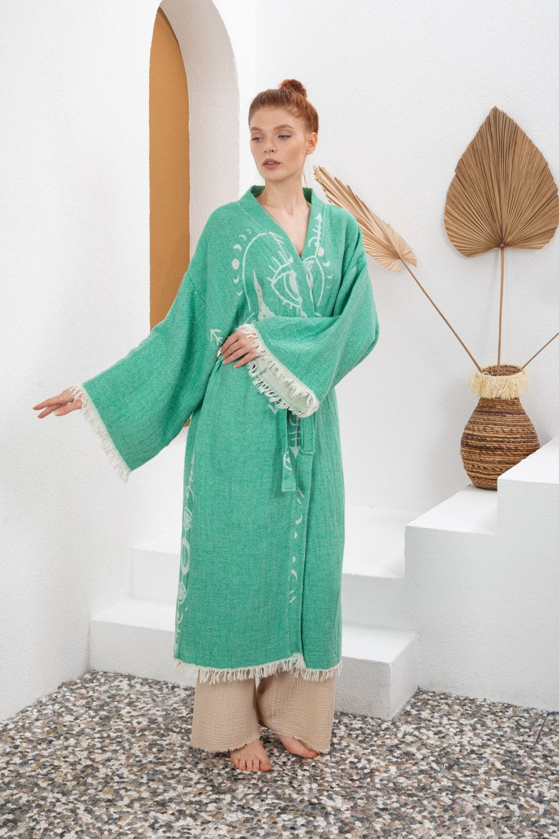 Soft Yeşil Bohem Kadın Göz Desenli Doğal Kumaş Kimono Bornoz Kaftan