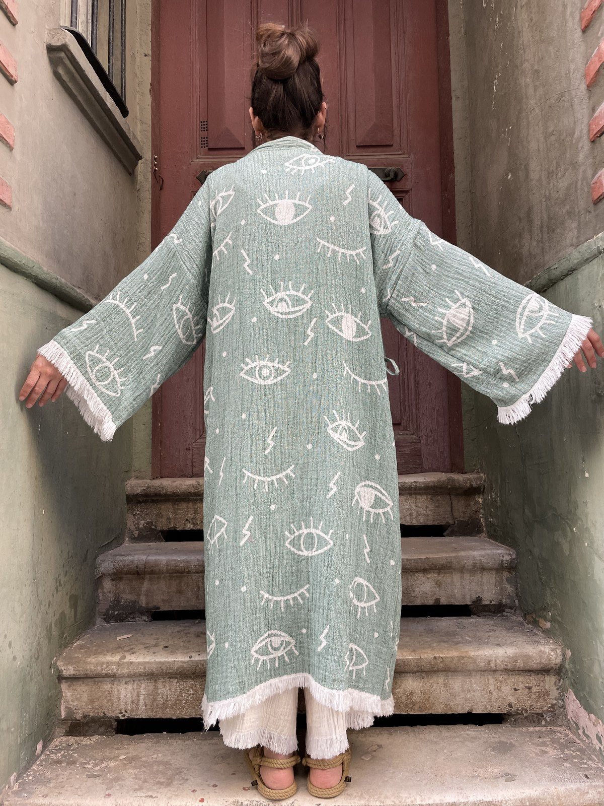 Renkli Kadın Göz Desenli Doğal Kumaş Kimono Bornoz Kaftan