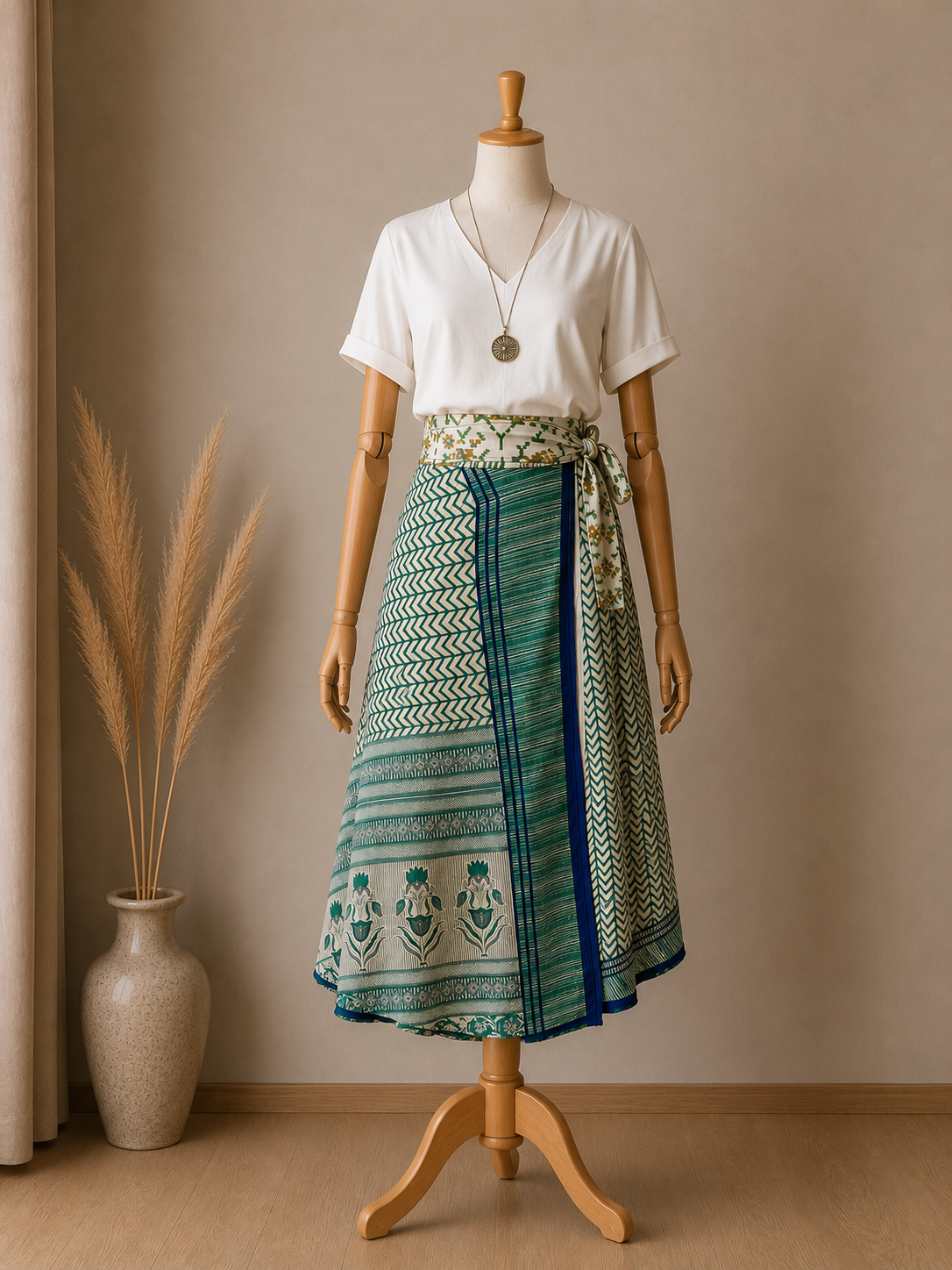 Çift Taraflı Bağlamalı İpek Etek Sarong – Yeşil Desenli