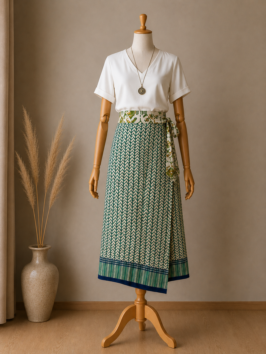 Çift Taraflı Bağlamalı İpek Etek Sarong – Yeşil Desenli