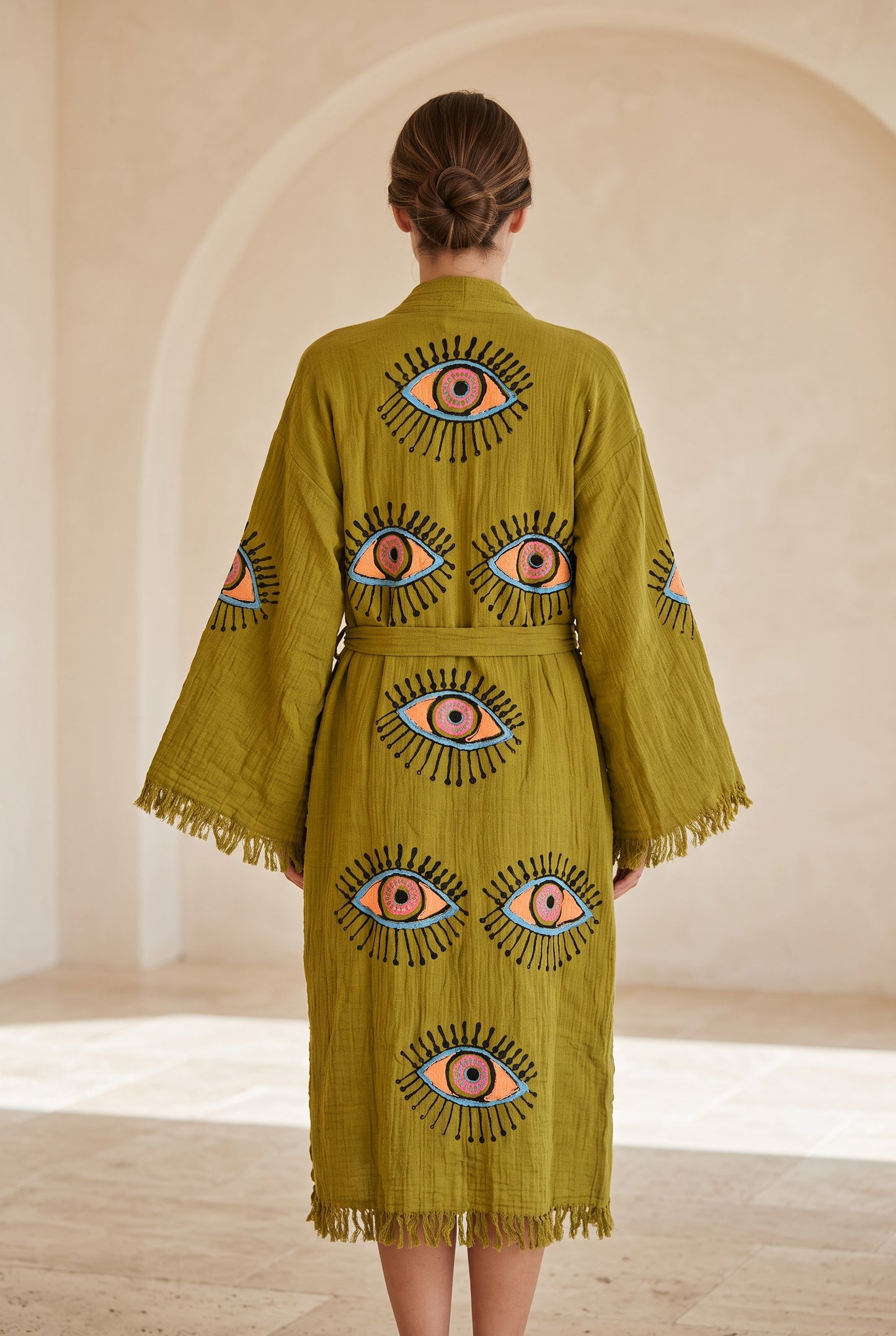 Göz Desenli Müslin Kimono Kaftan – Yeşil