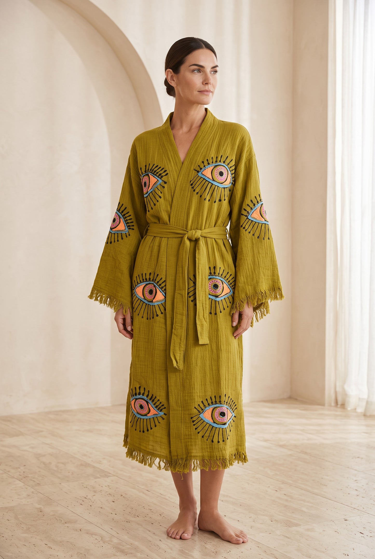 Göz Desenli Müslin Kimono Kaftan – Yeşil