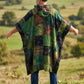 Langtang Nepal Patchwork Kapüşonlu Panço – Unisex Yeşil Etnik Bohem Tasarım