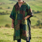 Langtang Nepal Patchwork Kapüşonlu Panço – Unisex Yeşil Etnik Bohem Tasarım