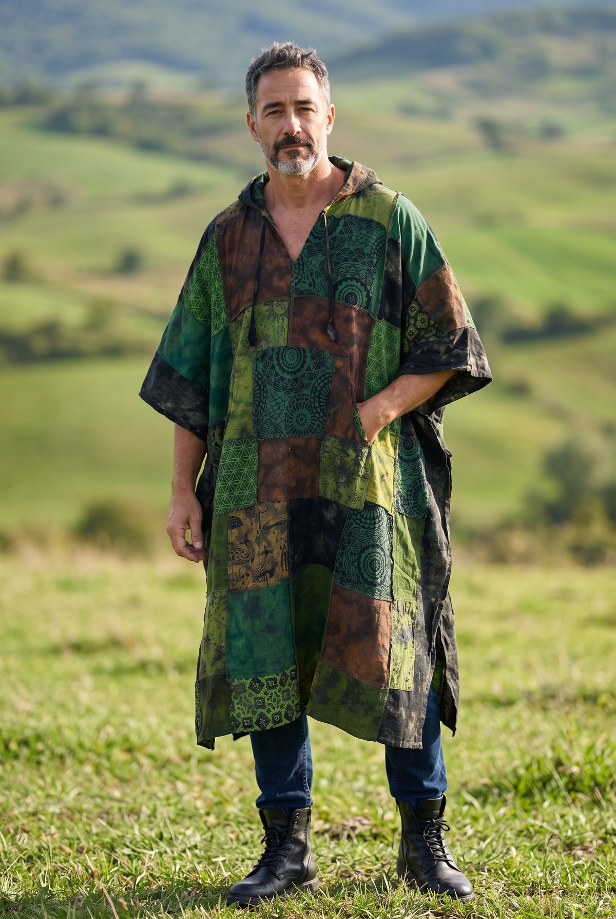 Langtang Nepal Patchwork Kapüşonlu Panço – Unisex Yeşil Etnik Bohem Tasarım