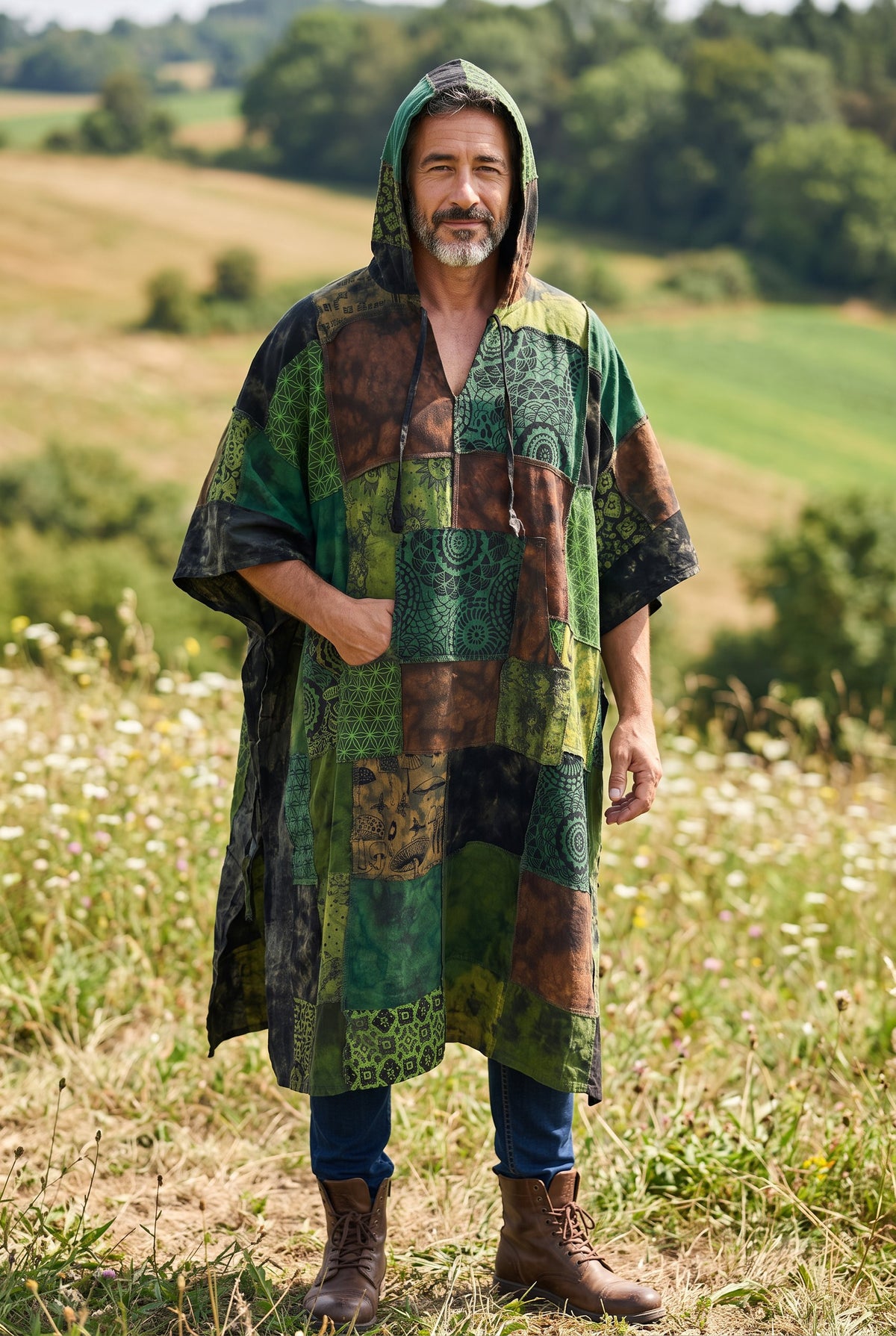 Langtang Nepal Patchwork Kapüşonlu Panço – Unisex Yeşil Etnik Bohem Tasarım