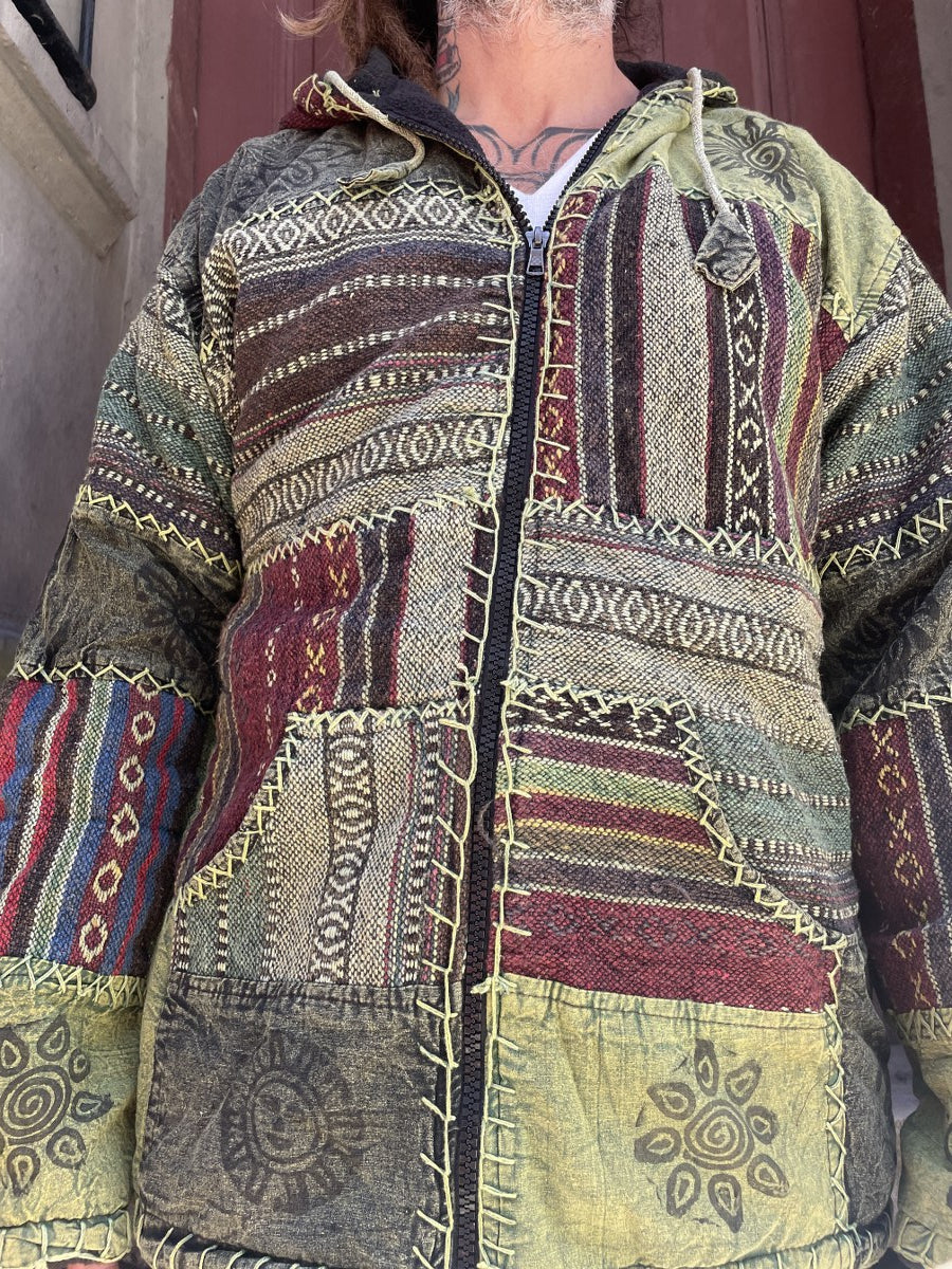 Nepal Patchwork Polar Astarlı Mont – Unisex, Kışlık, Yeşil