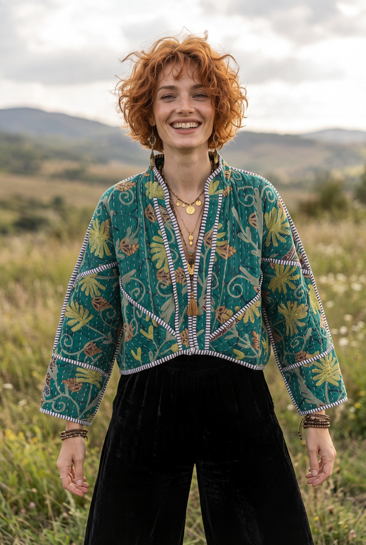 Verdina Kantha – Yeşil Çiçek Desenli Özel Dikişli Bohem Kadın Ceket