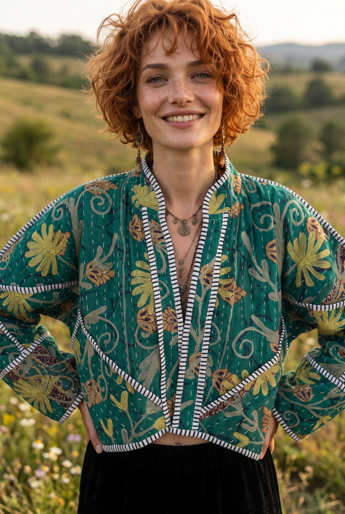 Verdina Kantha – Yeşil Çiçek Desenli Özel Dikişli Bohem Kadın Ceket