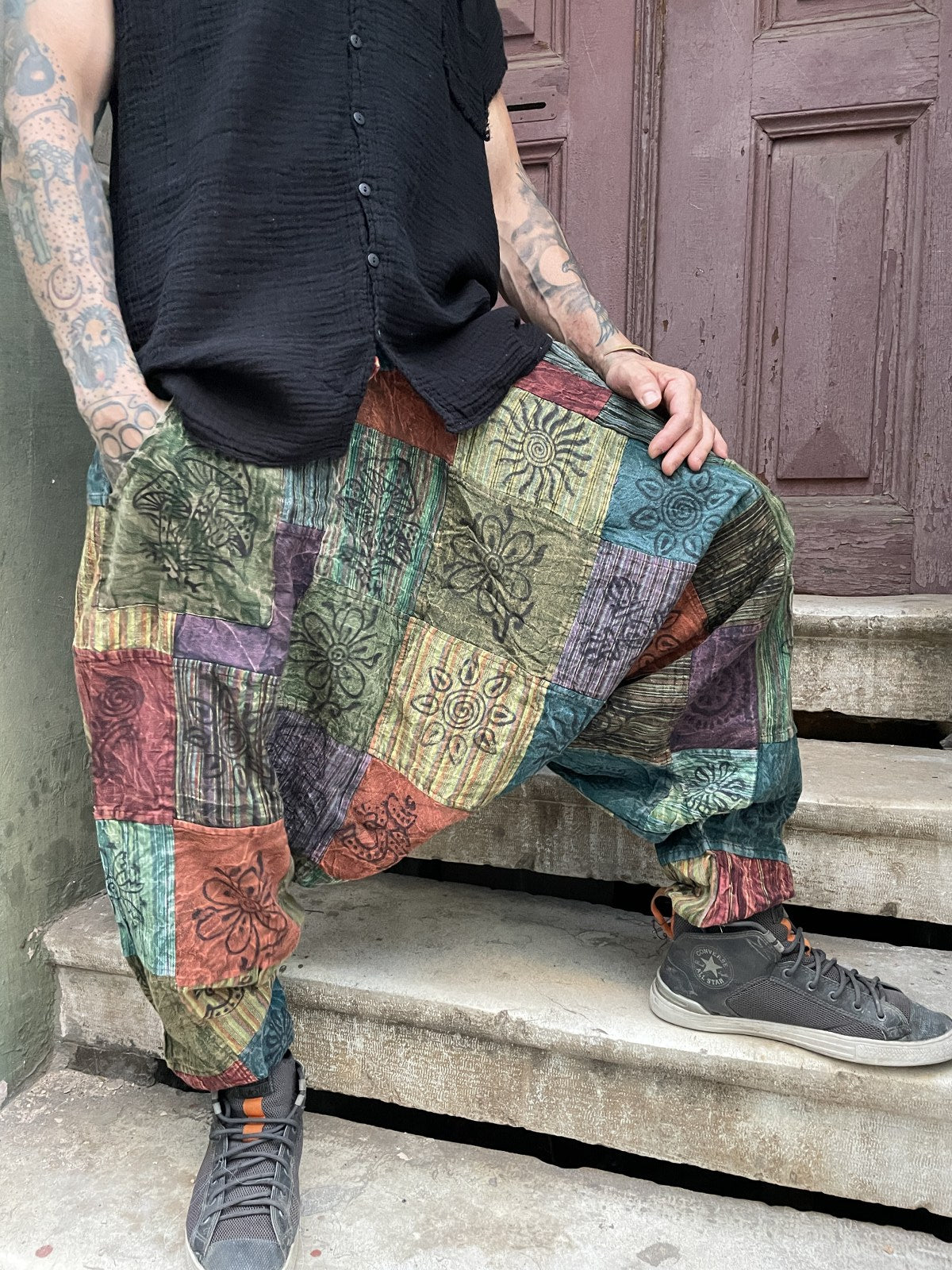 Unisex Nepal Patchwork Yeşil Toprak Pantolon Şalvar