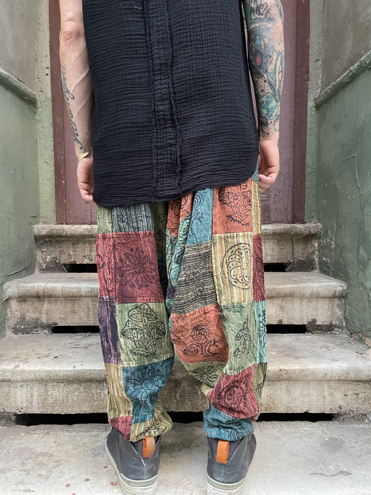 Unisex Nepal Patchwork Yeşil Toprak Pantolon Şalvar