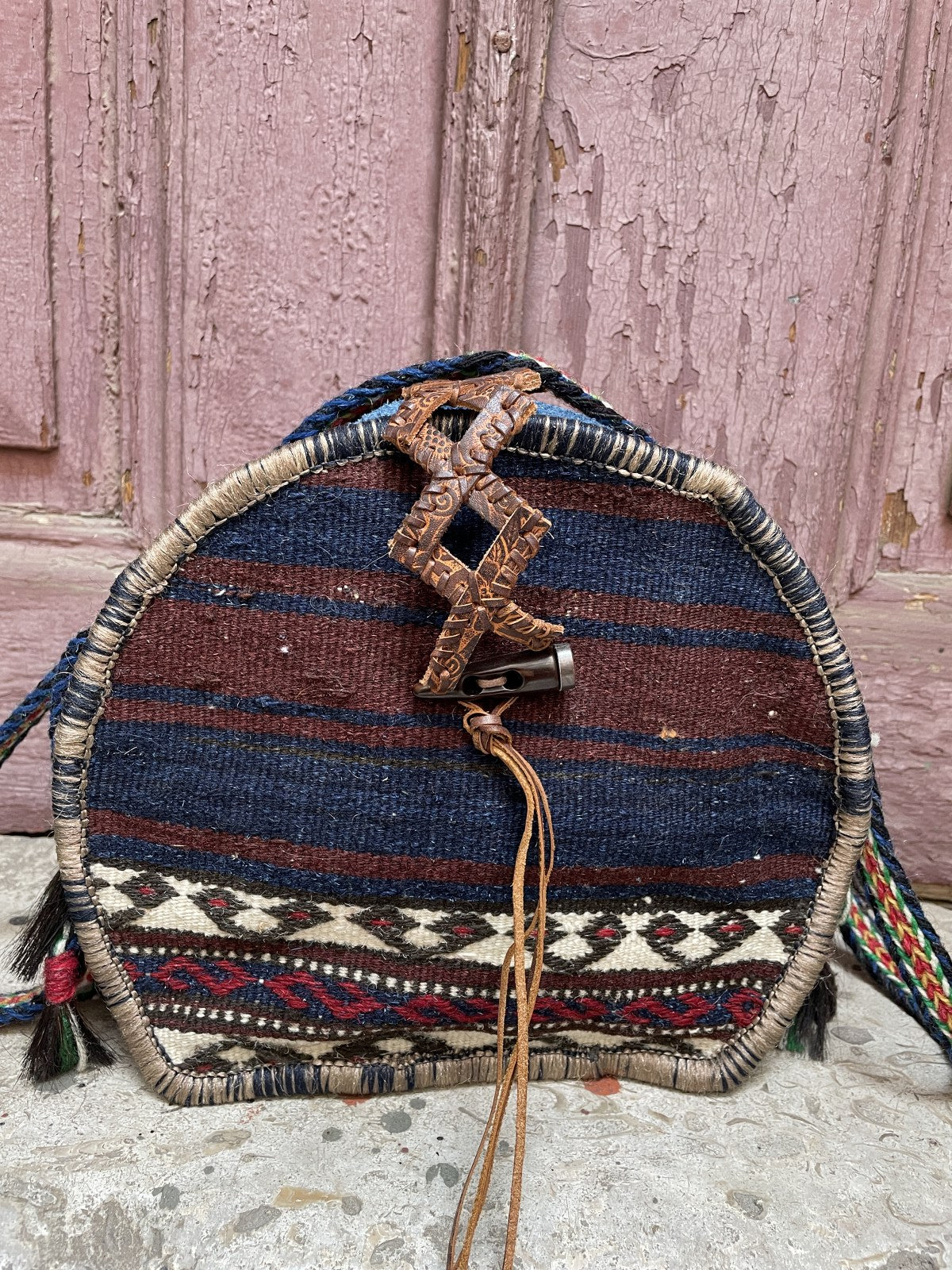 Bohem Oval Kilim Deri Kahve Lacivert Omuz Çantası