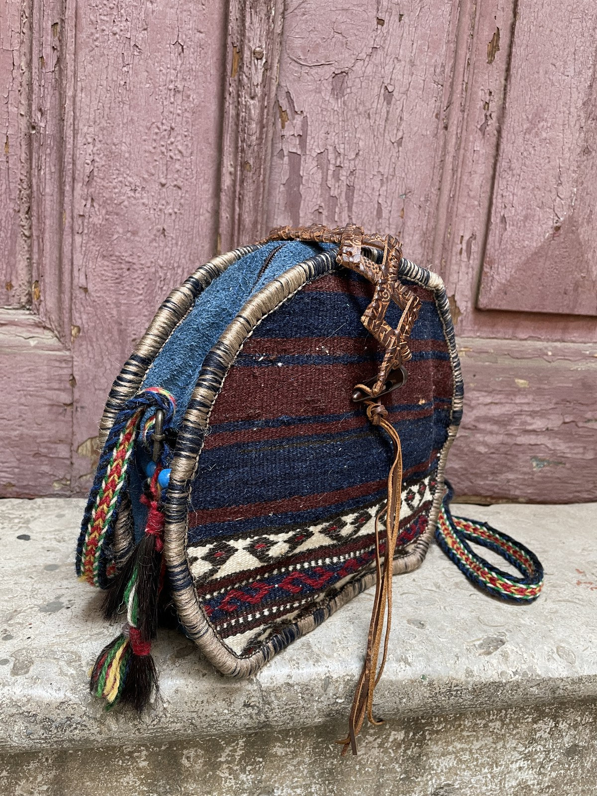 Bohem Oval Kilim Deri Kahve Lacivert Omuz Çantası