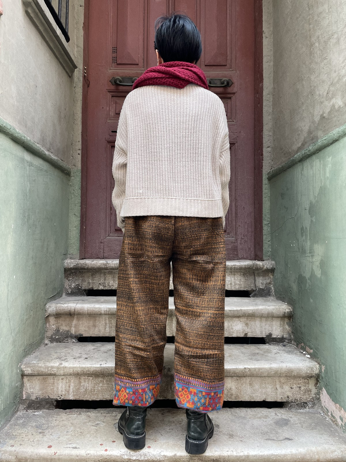 Unısex Çizgili Nepal Yün Hardal Siyah Pantolon