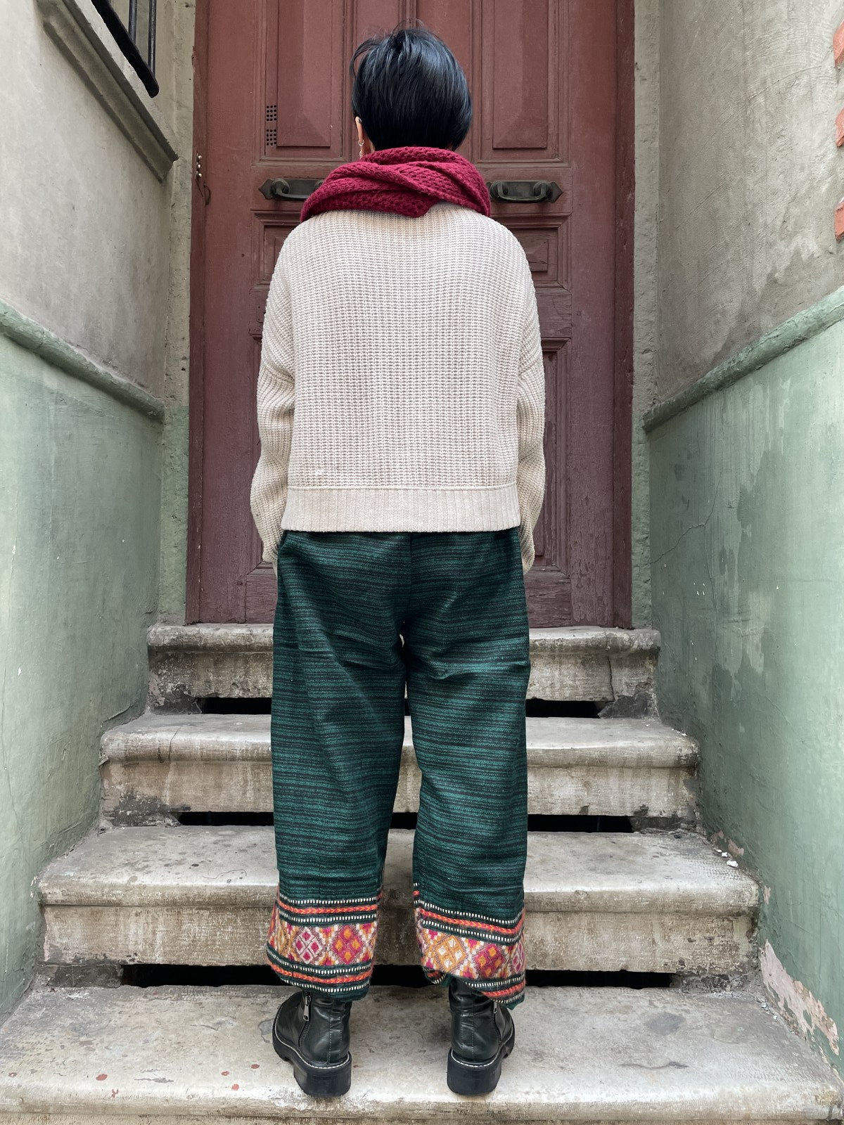 Unısex Çizgili Nepal Yün Petrol Siyah Pantolon