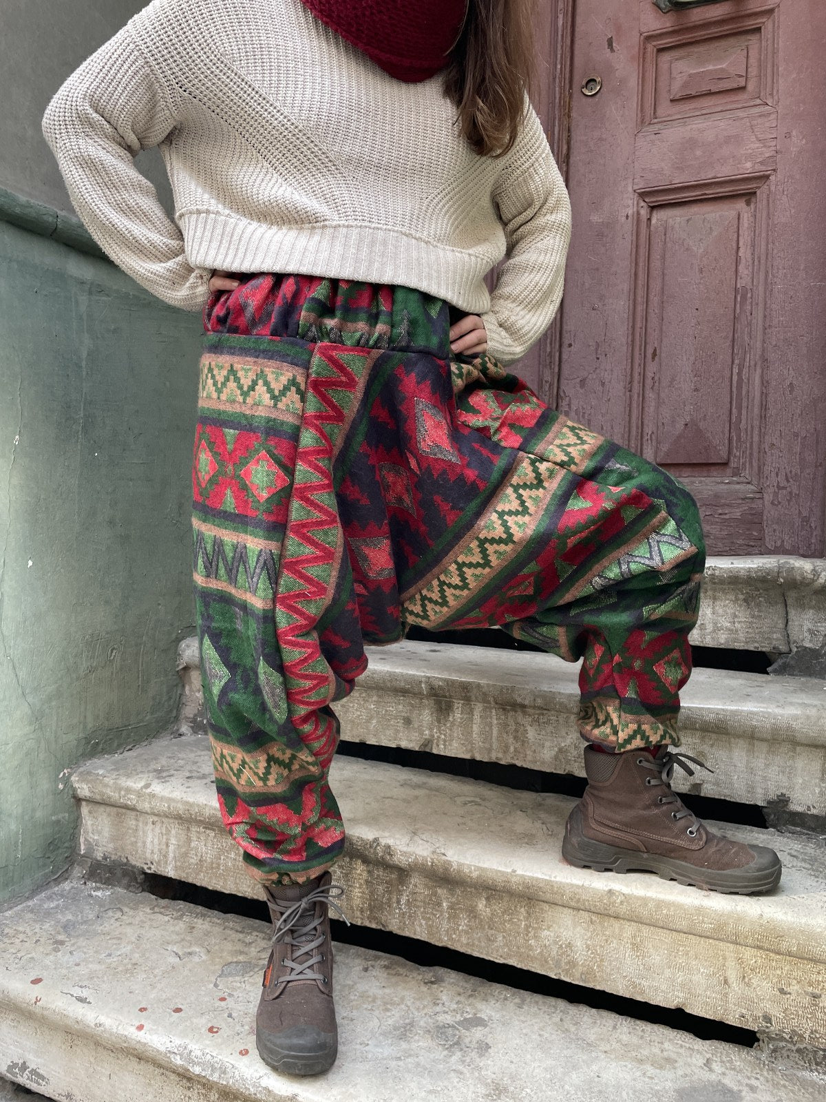 Unısex Nepal Yün Yeşil Kırmızı Şalvar Pantolon