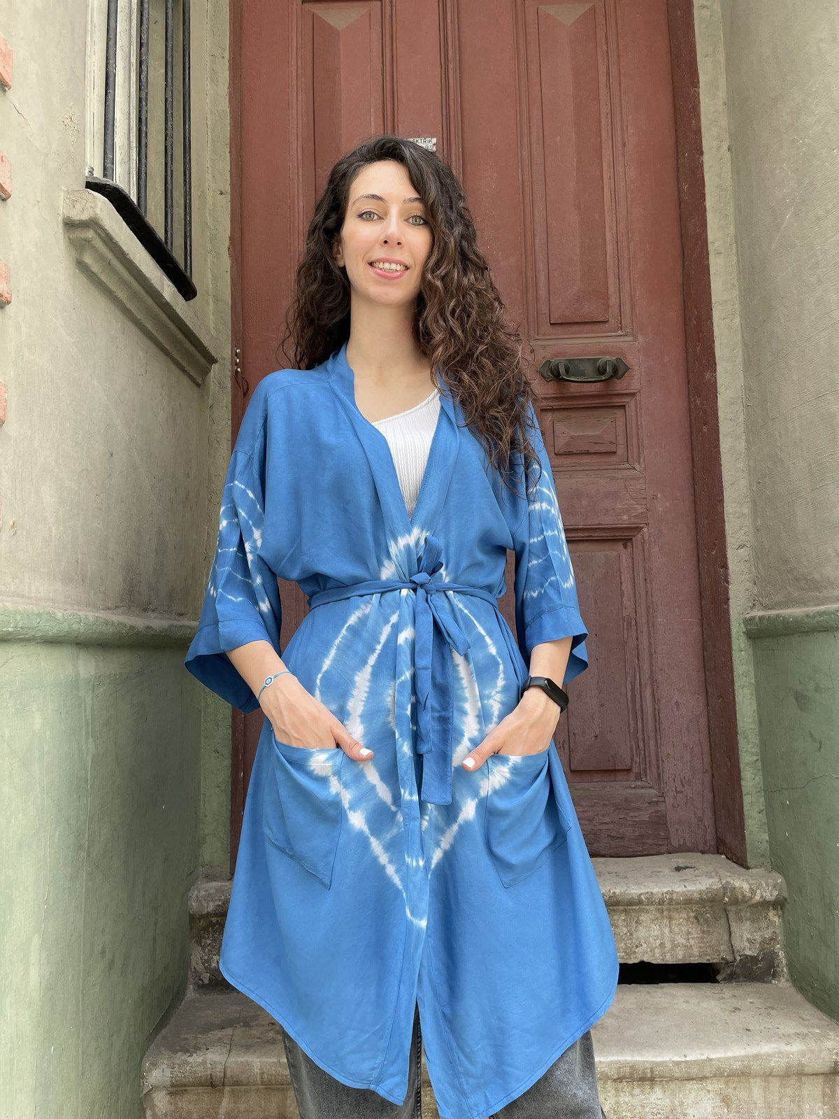 Unisex Bohem Mavi Batik Kimono