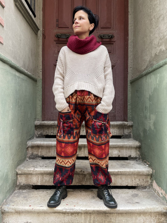 Unısex Çizgili Nepal Yün Etnik Desenli Kırmızı Turuncu Pantolon