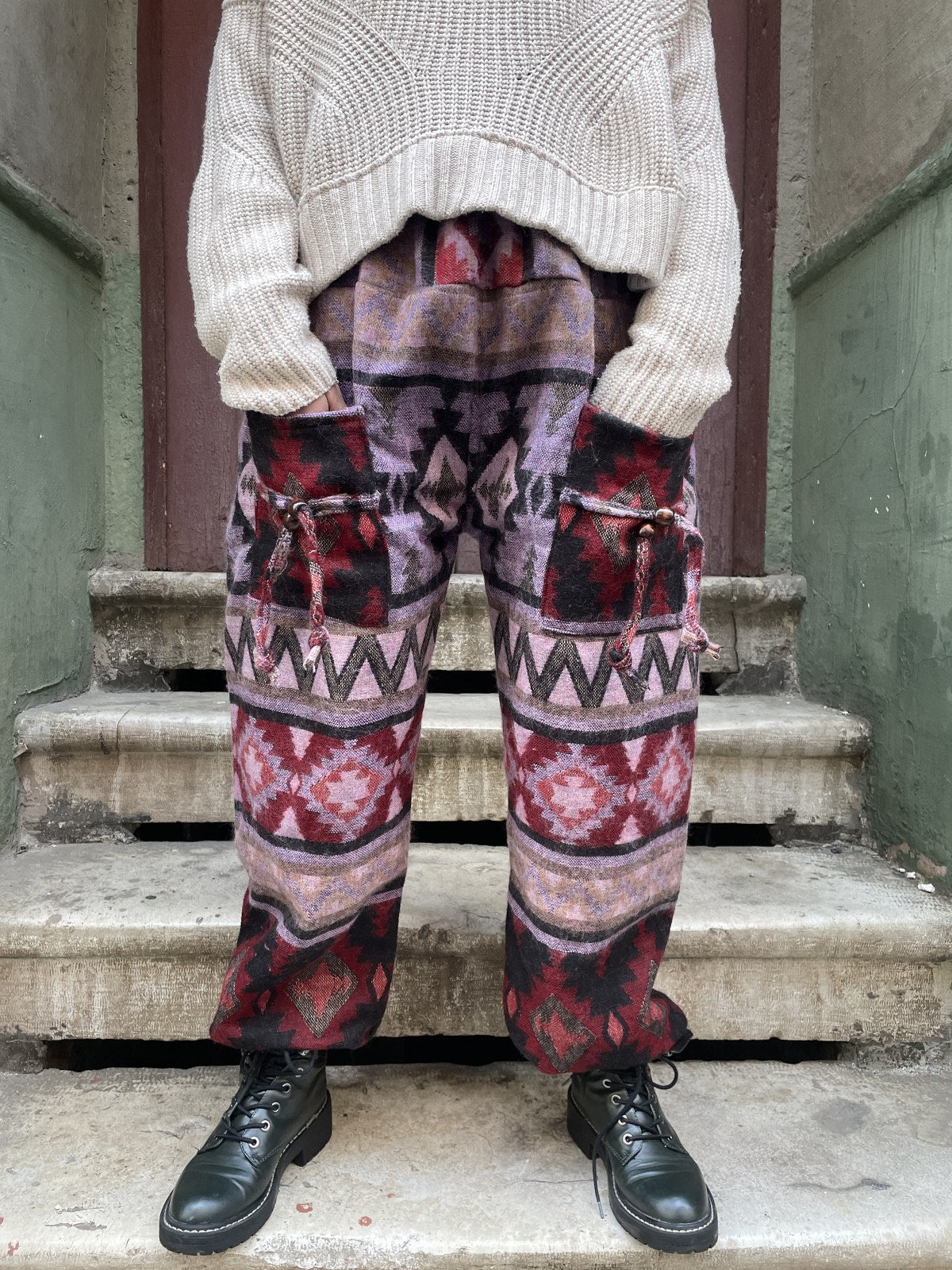 Unısex Çizgili Nepal Yün Etnik Desenli Mor Bordo Pantolon