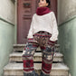 Unısex Çizgili Nepal Yün Kilim Desenli Bordo Gri Pantolon