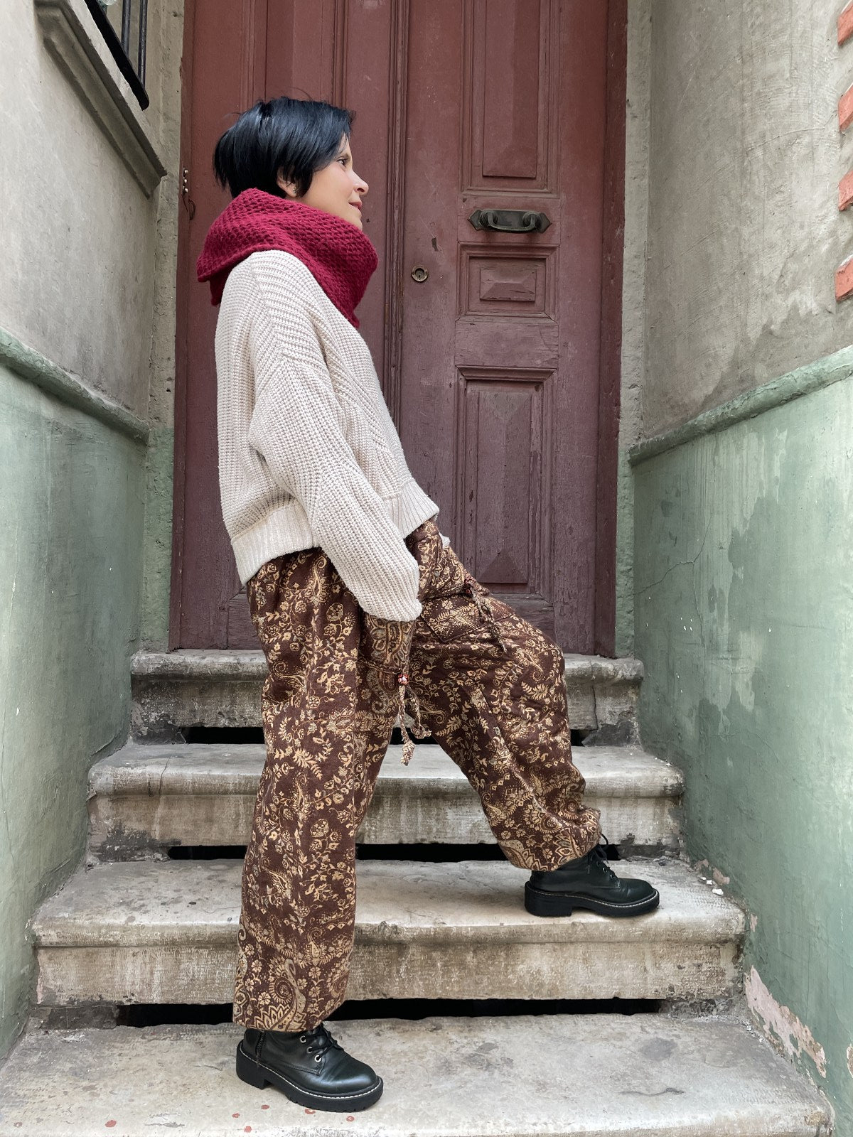 Unısex Çizgili Nepal Yün Paısley Desenli Kahve Pantolon
