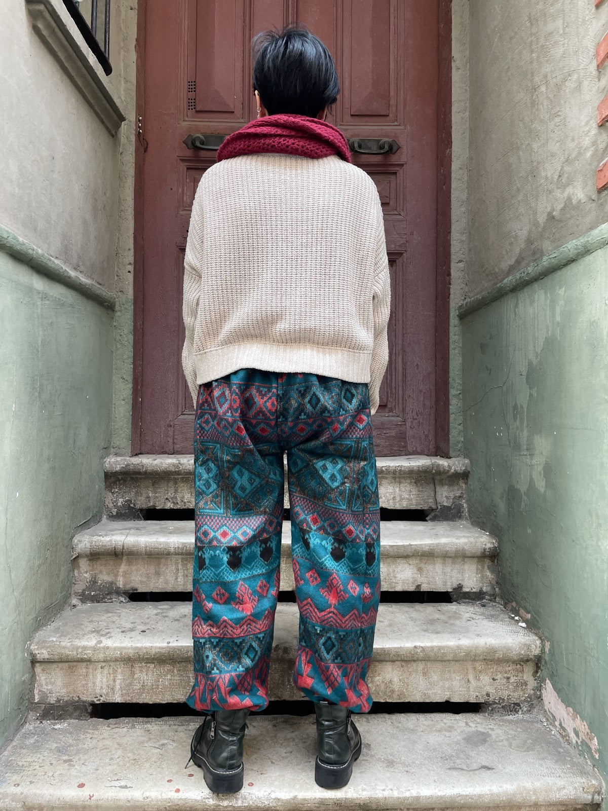 Unısex Çizgili Nepal Yün Yaprak Desenli Turkuaz Pantolon